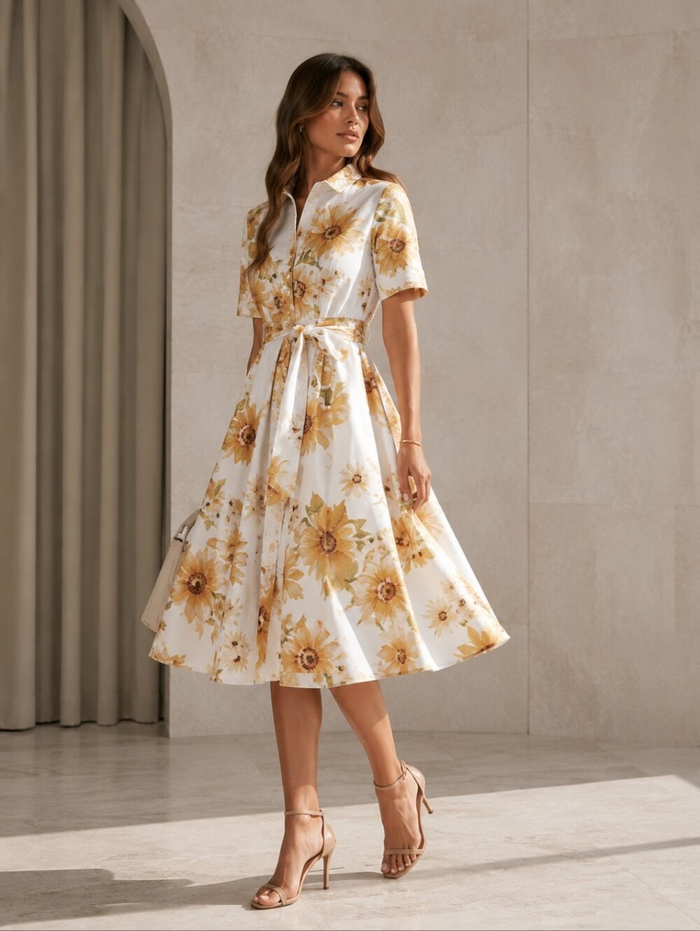 J JASON WU Button Down Floral Sunflower Belt A-line Midi Dress Size 3X